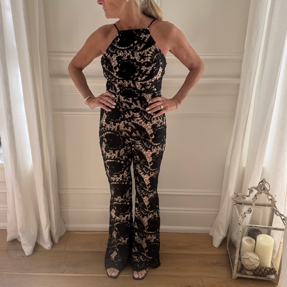 Black Lace Jumpsuit, nude underlay. Size medium